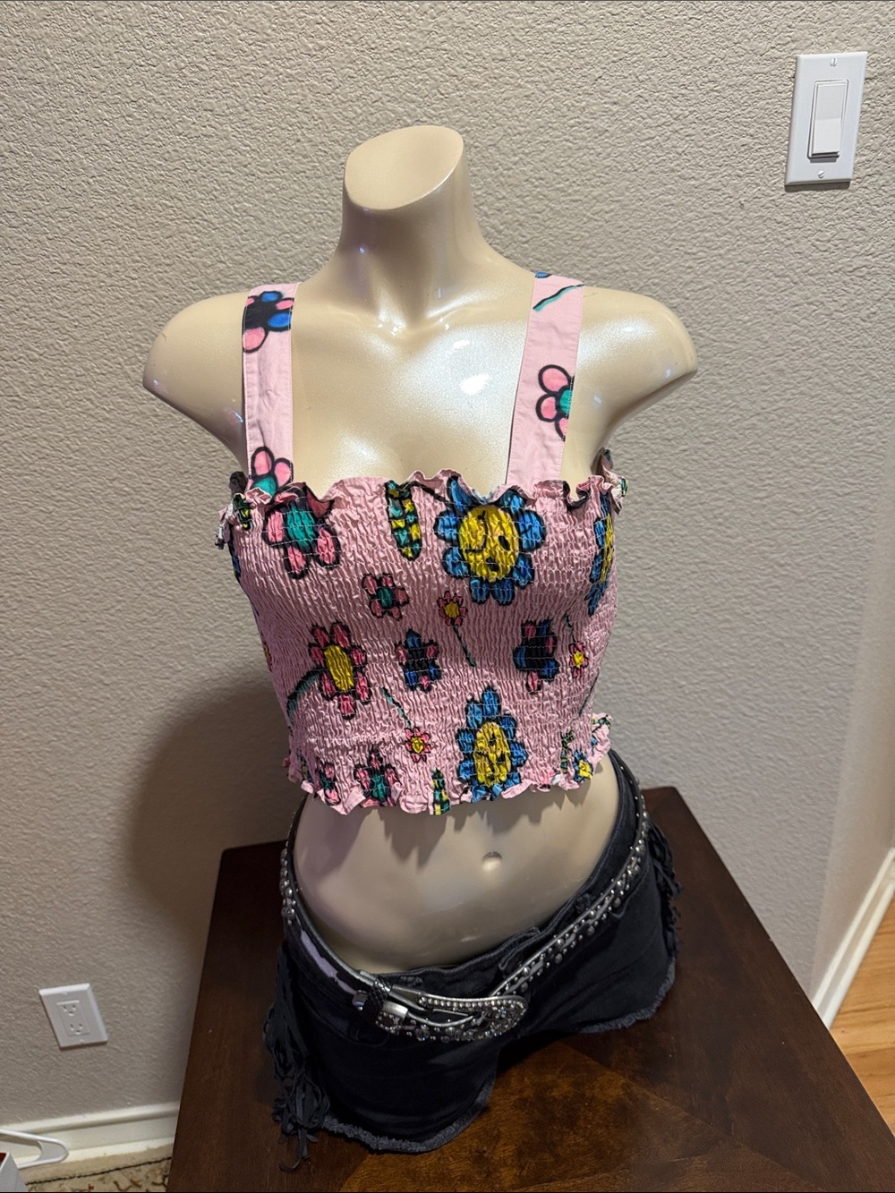 Lazy Oaf Pink Smocked Crop Top with Multicolor Daisy Design